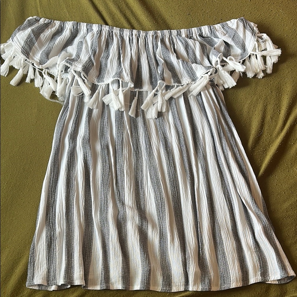 Striped Off-Shoulder shirt with Tassels